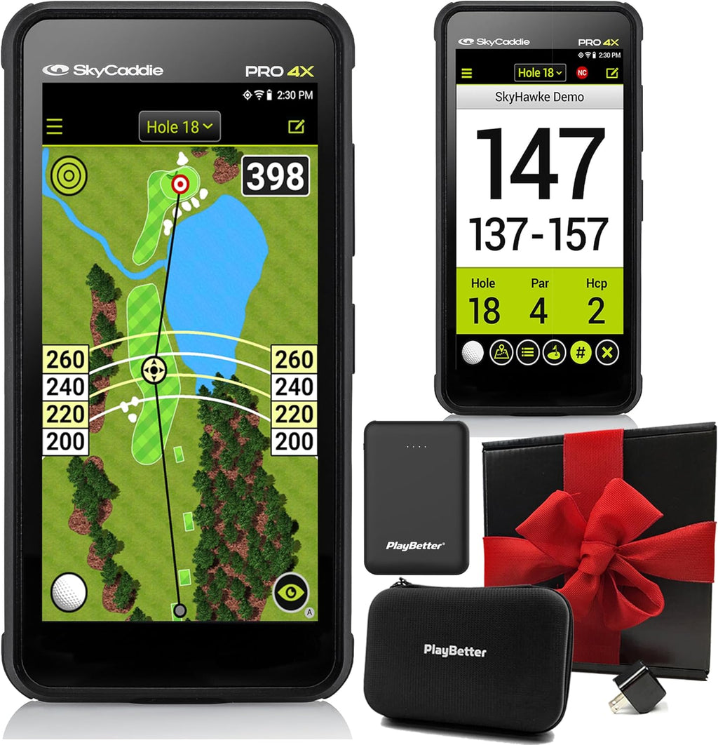SkyCaddie PRO 4X Handheld Golf GPS Gift Box Bundle - 4" LCD Display, 35,000 Maps, HoleVue - Includes PlayBetter Portable Charger, Wall Adapter, & Case - TruePoint Precision Positioning Technology