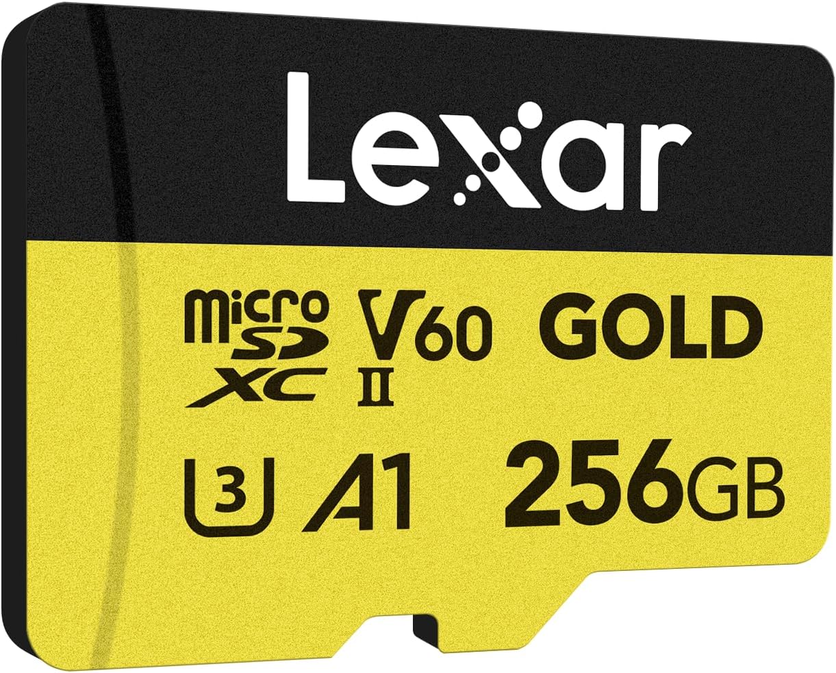Lexar 256GB Professional Gold Micro SD Card, UHS-II, C10, U3, V60, A1, Full HD, 4K, Up to 280/180 MB/s microSDXC Memory Card, for Drones, Action Cameras, Portable Gaming Devices (LMSGOLD256G-BNNNG)