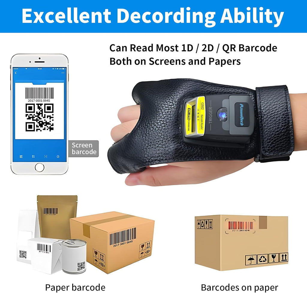 Glove Barcode Scanner 2D GS02 Wearable Zebra SE4107 Reader IP65 Touch Scanning NFC Support Multi-Language for Warehouse, Management System,