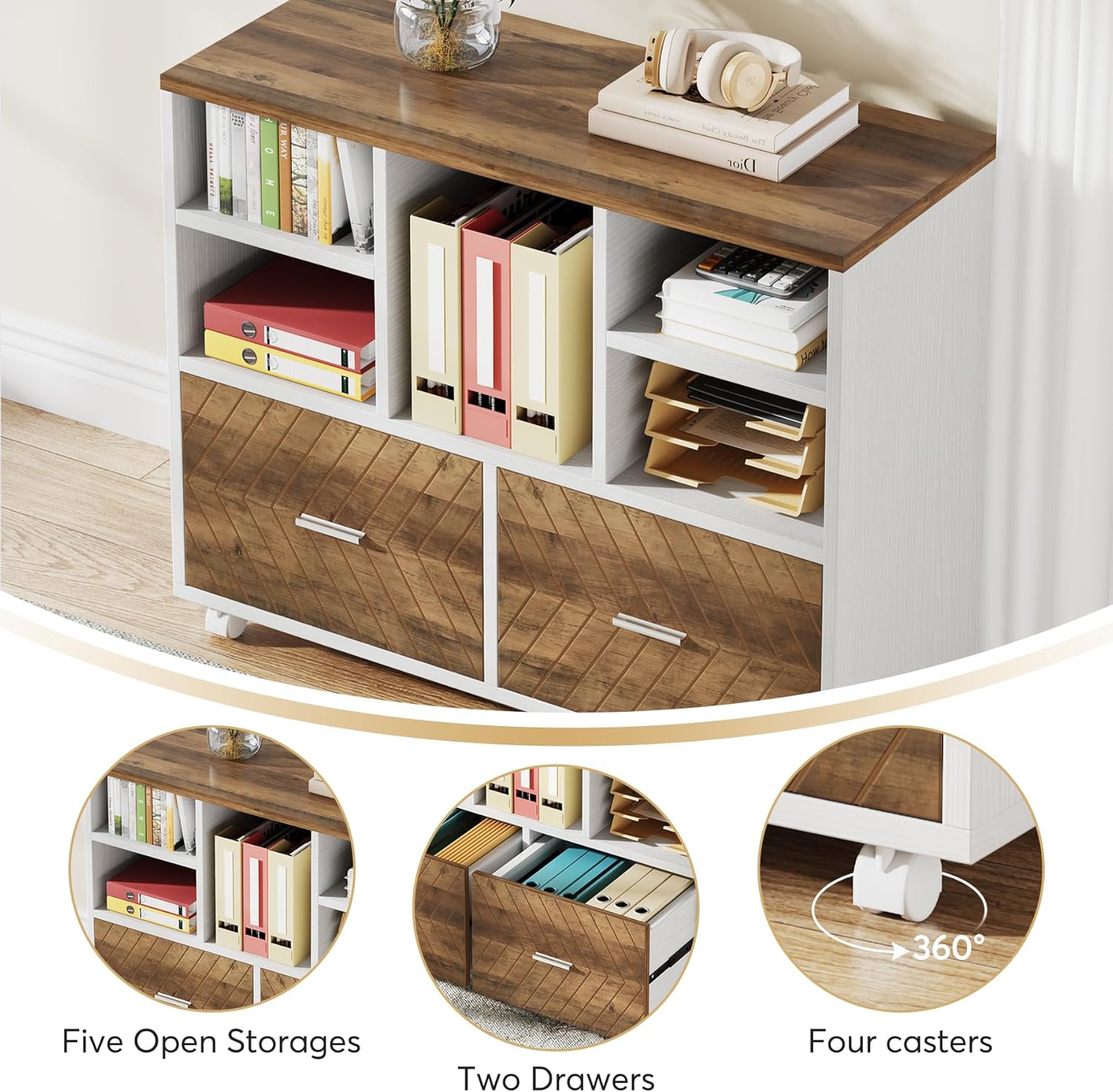 Tribesigns 2-Drawer Wood File Cabinet, Mobile Lateral Filing Cabinet for Hanging Letter Size Files, Printer Stand with Open Storage Shelves for Home Office (Oak Karo & White)