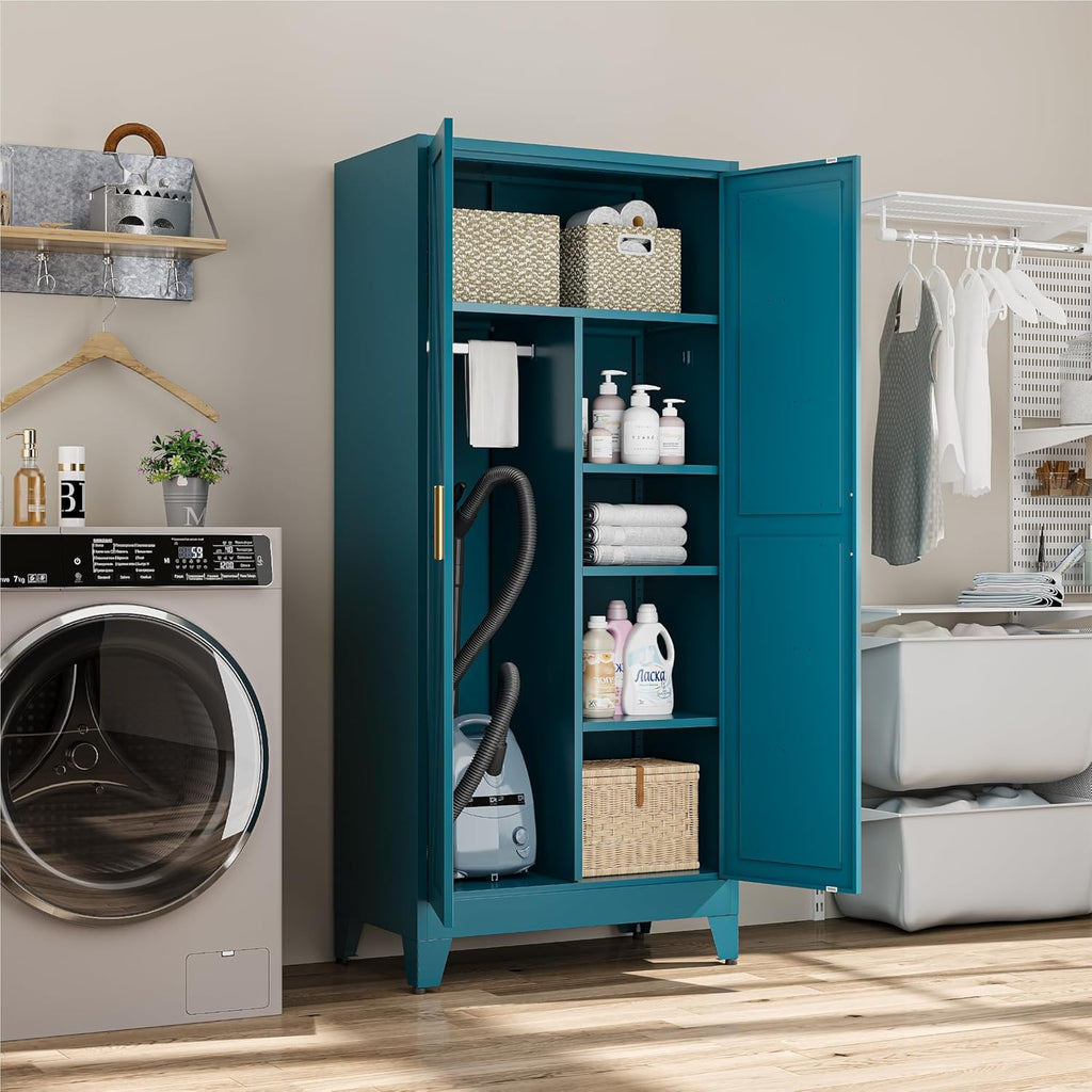 Metal Combination Cabinet, Utility Storage Cabinet with 4 Shelves, Farmhouse Pantry Closet with Doors, 71" Tall Storage Cabinets with Hanging Rod and Clothing Shelf for Bedroom Closet Laundry Mudroom