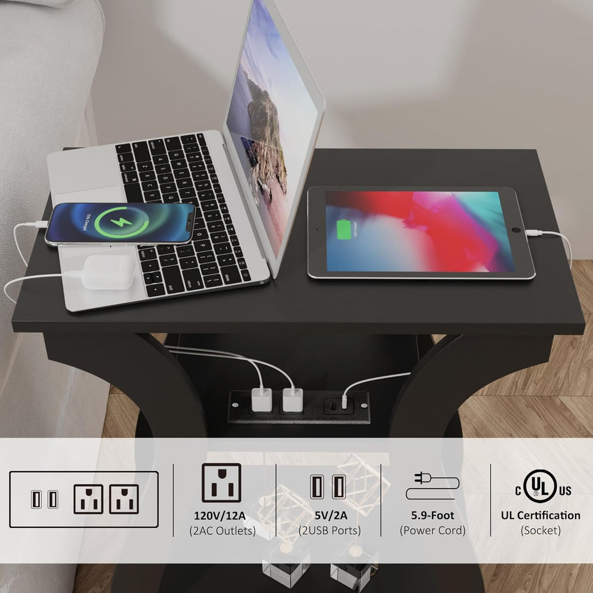 FROMJBEST Black End Table Set of 2 with Charging Station, Side Table with USB Ports and Outlets, Black Nightstand, 3 Tier End Table with Storage Shelf for Living Room, Bedroom