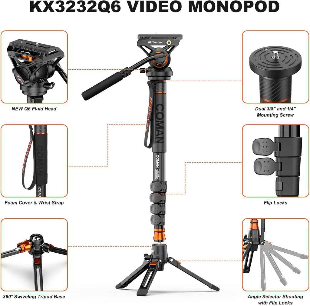 Professional Camera Monopod with Feet, 73.2 inch Aluminum Portable Travel Video Monopod with Removable Tripod Stand Base, Max Load 22 Lbs, New Q6 Fluid Head for DJI RS4 Manfrotto, KX3232Q6