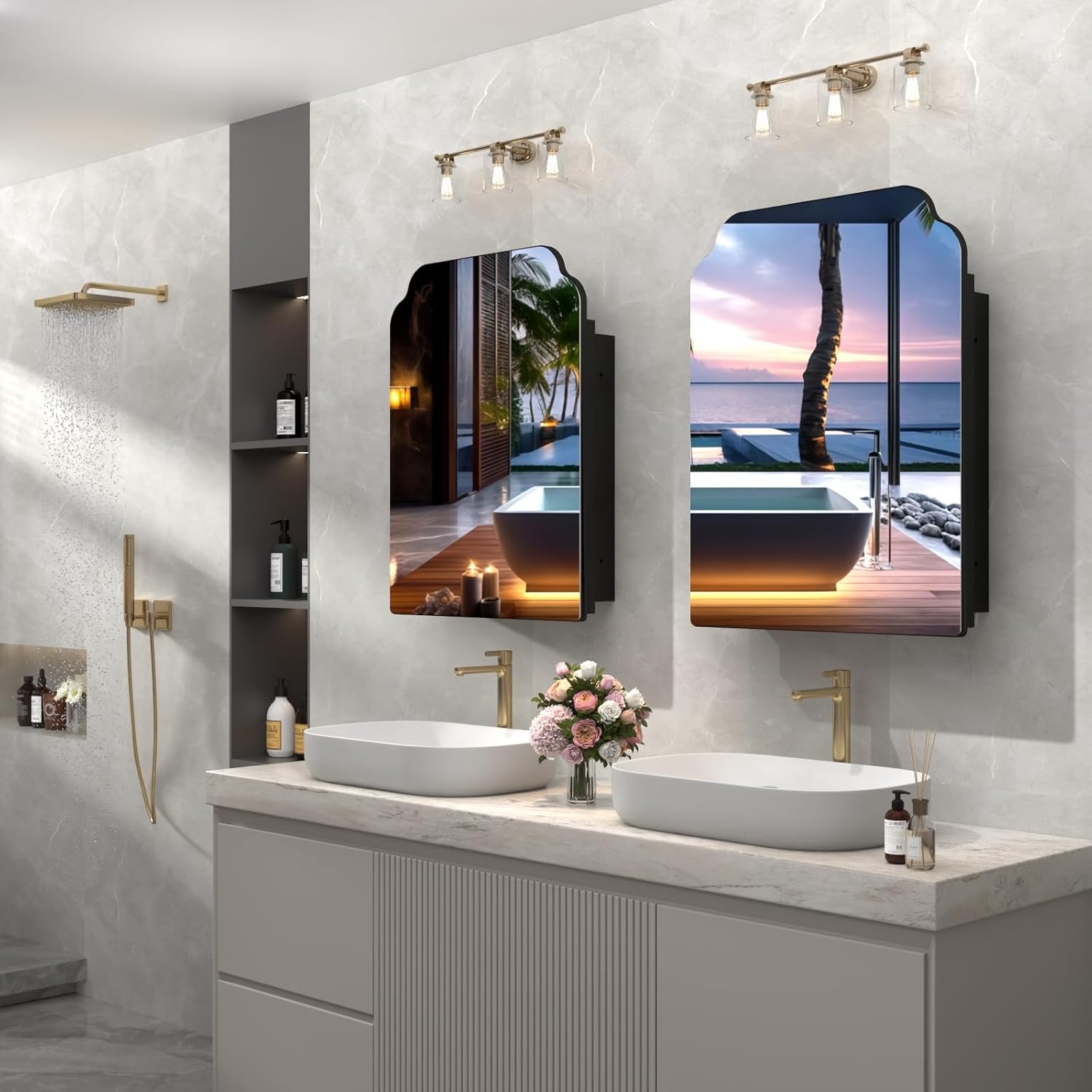 20"x26" Black Irregular Recessed Medicine Cabinet Mirror, Frameless Victorian Bathroom Decorative Mirror with Storage, Surface Mount Medicine Cabinets for Bathroom, Full Metal, 2 Removable Shelves