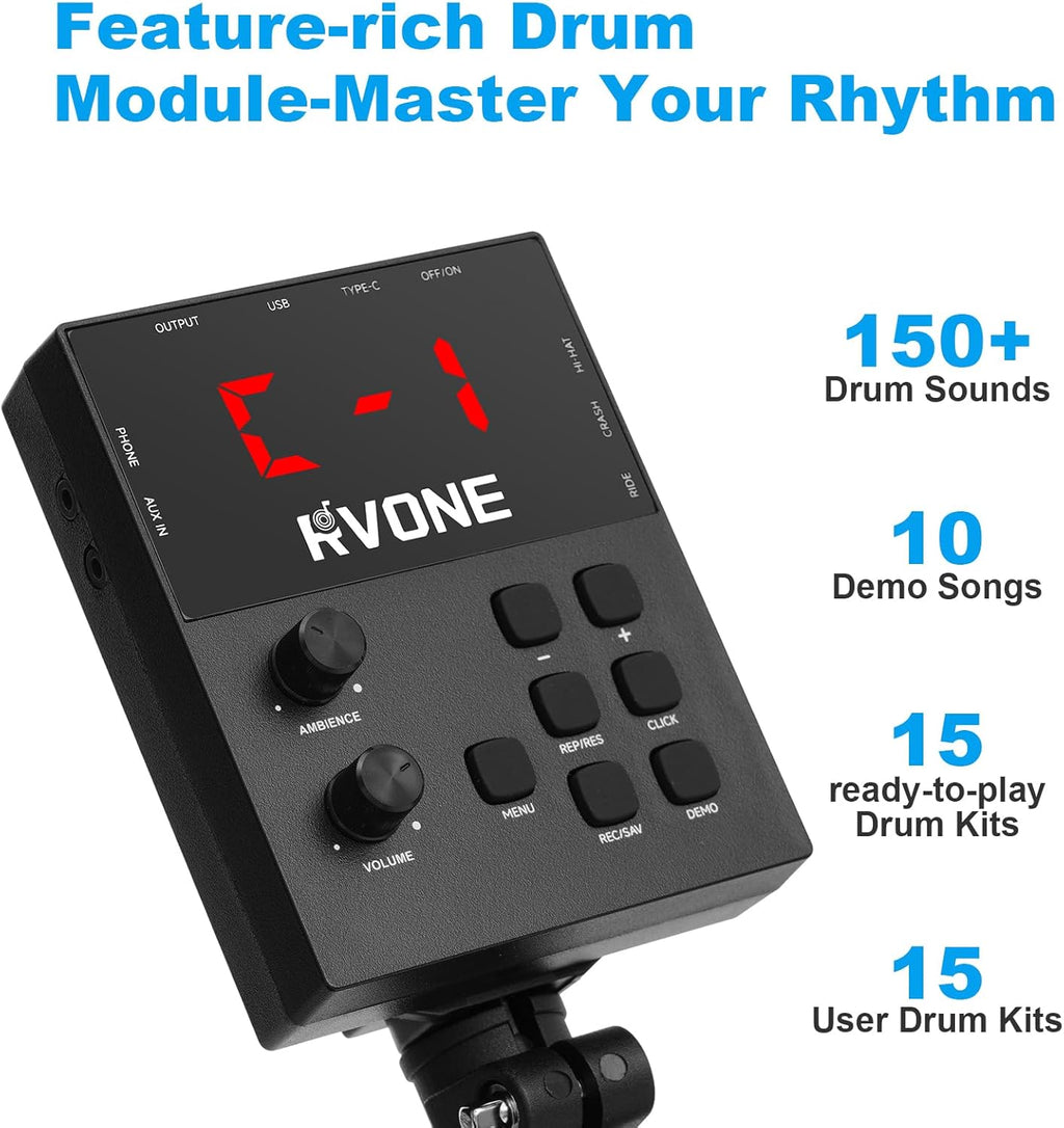 RVONE Electric Drum Set with Kick Hammer Pedal, Electronic Drum Kit for Kids Adult Beginner with 150 Sounds, 10" Cymbals, 4 Quiet Mesh Pads, all-in-one drum set with Throne, Headphones, Sticks