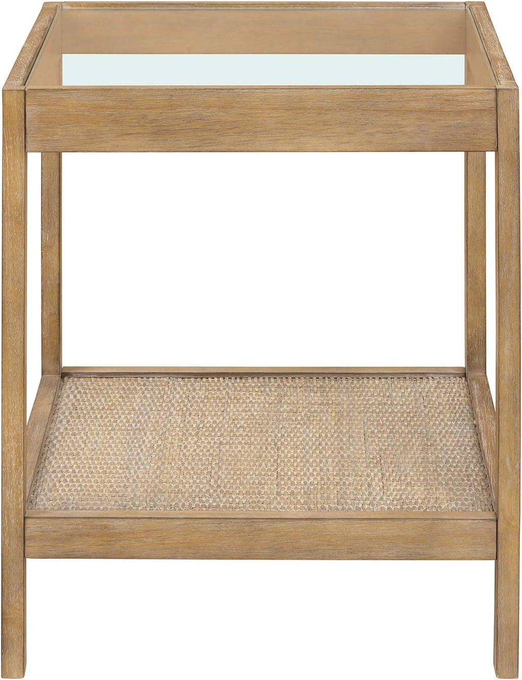 Nathan James 33301 Hayes Solid Wood Nightstand, Bedside, End or Side Table in Light Brown Wood Finish & Glass Top with Open Storage Shelf, 18 in x 18 in x 22 in