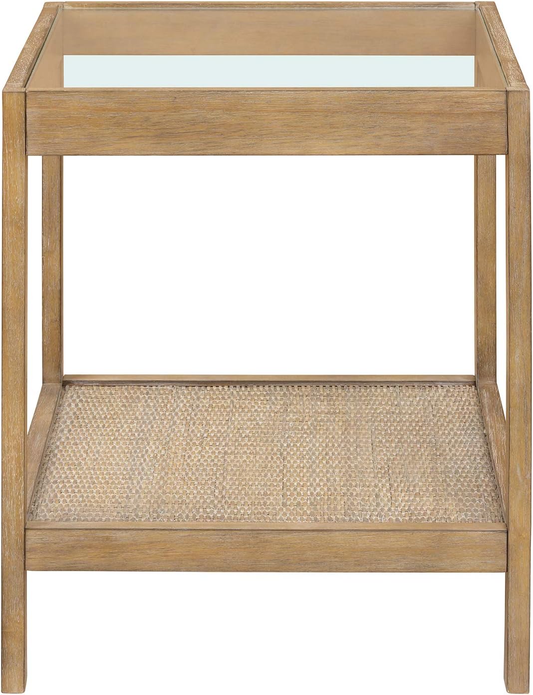 Nathan James 33301 Hayes Solid Wood Nightstand, Bedside, End or Side Table in Light Brown Wood Finish & Glass Top with Open Storage Shelf, 18 in x 18 in x 22 in