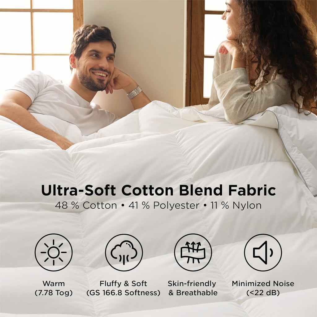 Bedsure Feather Down Comforter King Size, Luxurious Fluffy Hotel Duvet Insert with Storage Bag & 8 Corner Tabs, PureWoven Ultra Soft Cotton Blend Fabric, All Season Comforter, 106x90 Inches, White