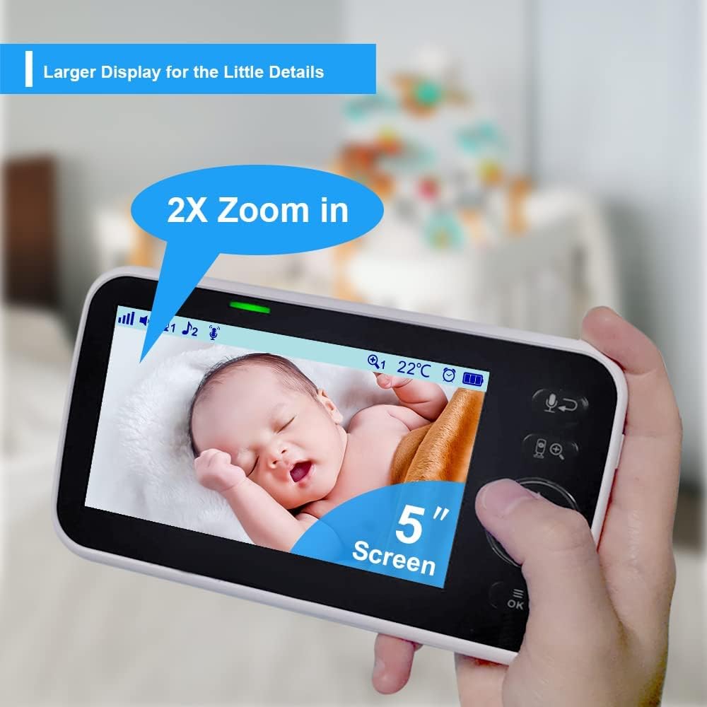 HelloBaby HB6550 5" Baby Monitor 3 Cameras, 26-Hour Battery, Pan-Tilt-Zoom,1000ft Range Video Audio Baby Monitor No WiFi, ECO, Night Vision, 2-Way Talk, 8 Lullabies and Temperature, Ideal Gifts