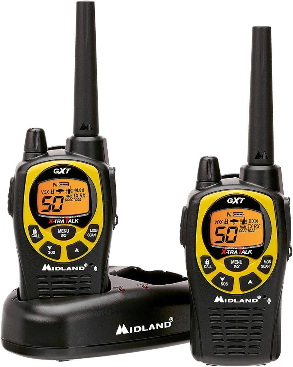 Midland GXT1030VP4 GMRS Two-Way Radio (50-Channel, Long Range, 142 Privacy Codes, SOS, NOAA, Rechargeable Nickel Battery, Black/Yellow, 2-Pack)