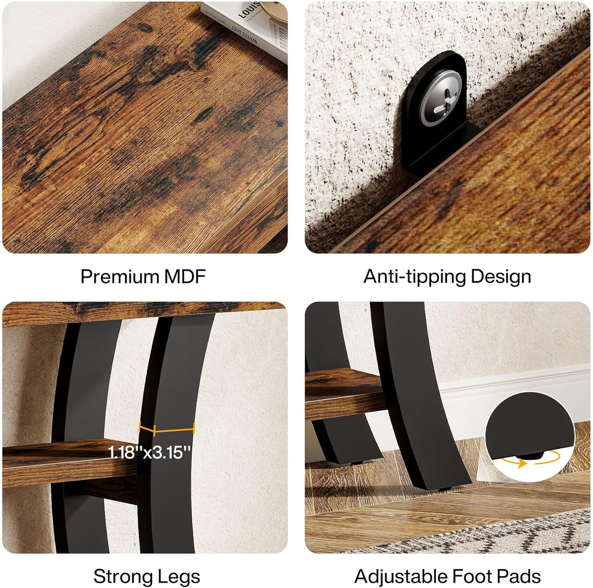 Tribesigns 41" Small Console Table for Entryway, 3-Tier Narrow Rustic Sofa Table with Storage Shelves and Curved Frame for Living Room, Entry, Hallway, Foyer, Rustic Brown