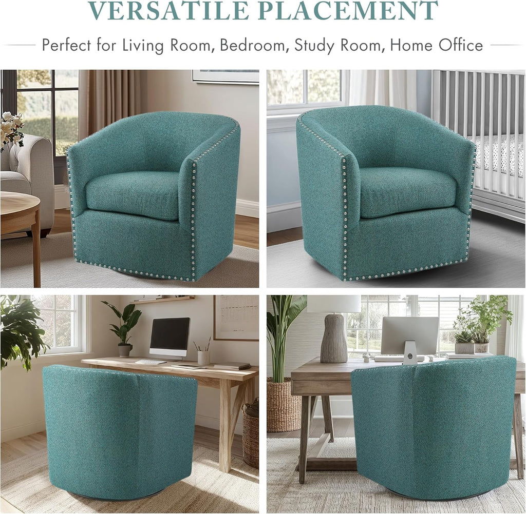 Madison Park Swivel Barrel Accent Chair, Upholstered Curved Back with 7-Inch Thick Woven Cushion, 360° Swivel, Nailhead Trim, Comfy Chair for Living Room, Bedroom, Office, 28" Wide, Teal, Tyler