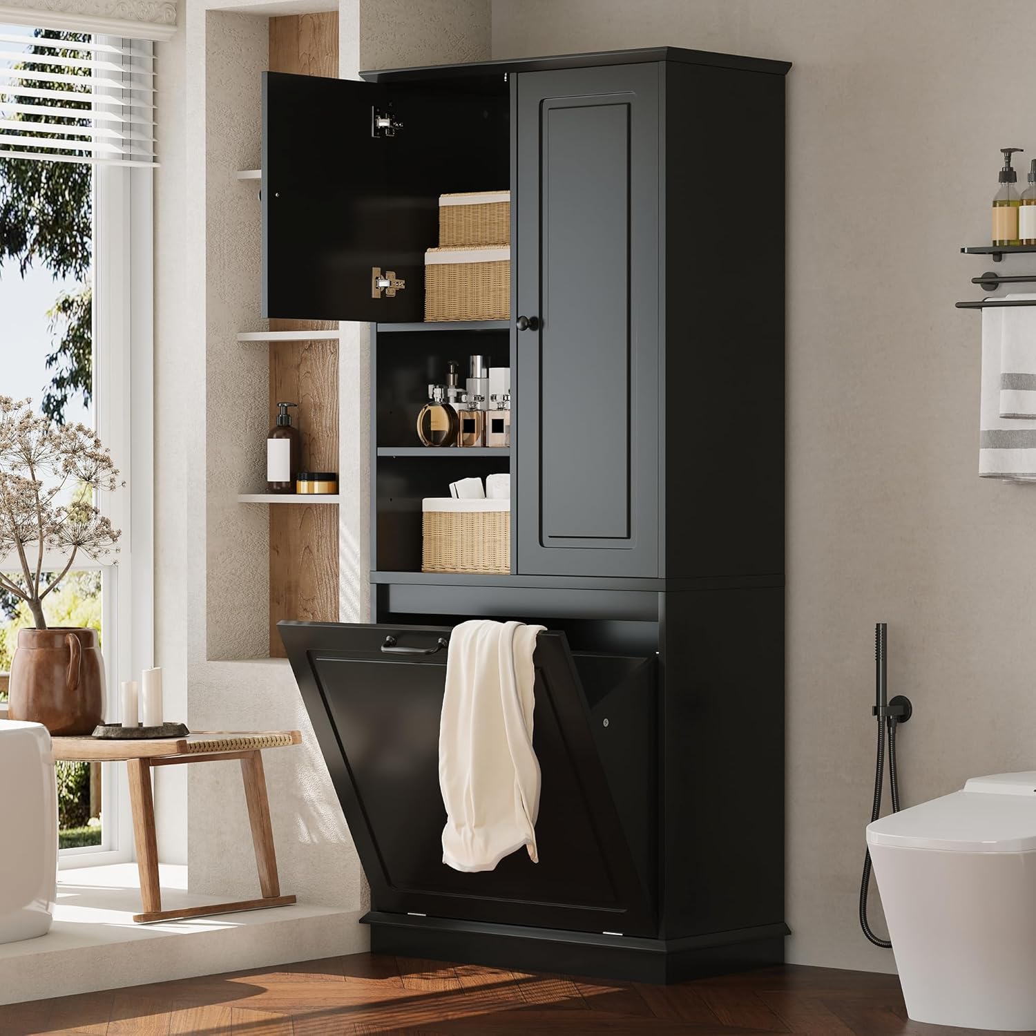 68" Tall Bathroom Storage Cabinet with Two Doors and Laundry Hamper for Home Display Organizer, Adjustable Shelf, Gray