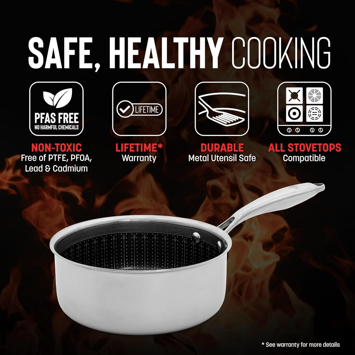 Hell's Kitchen Hybrid 2.5 Qt Saucepan + Lid, Tri-Clad Stainless Steel and Nonstick Ceramic, PFAS Free, no PFOA, no PTFE, no Teflon, Non Toxic Cookware, Metal Utensil Safe, All Cooktops and Oven Safe