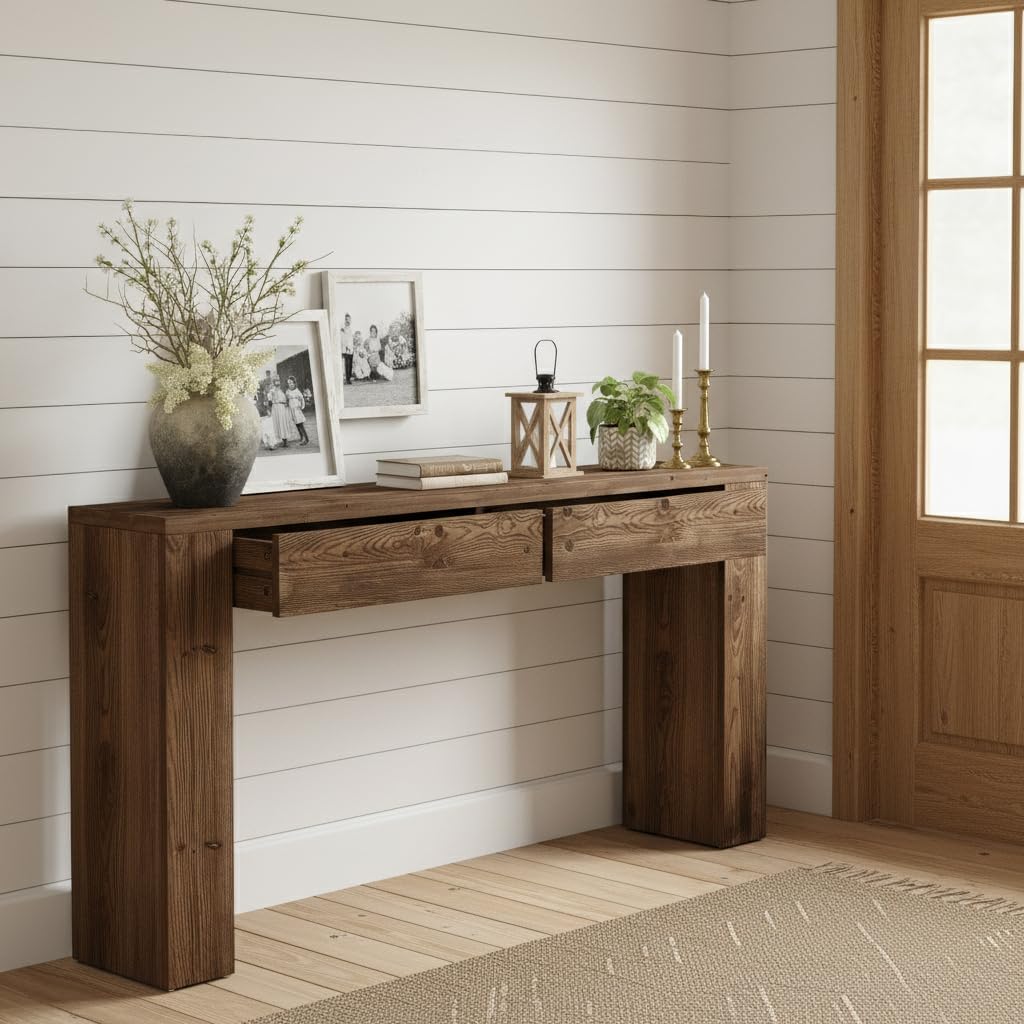 LITTLE TREE Solid Wood 63 Inches Console Table with 2 Drawers, Vintage Brown Sofa Table Behind Couch for Living Room, Long Hallway Foyer Entryway Table for Entrance