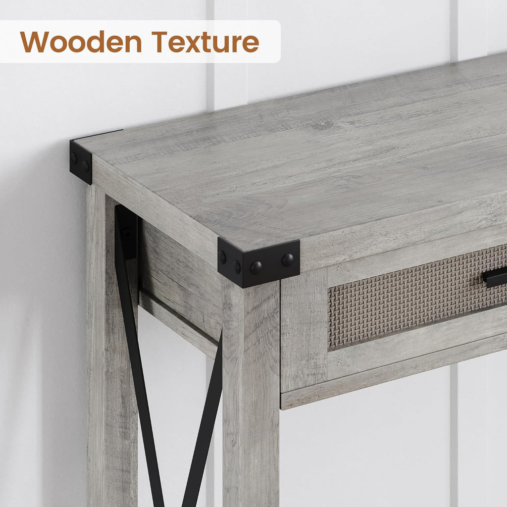IDEALHOUSE Farmhouse Entryway Table, Grey Console Table with Rattan Drawers, 43" Sofa Table with Storage, Console Tables for Entryway, Living Room, Hallway, Foyer-Grey