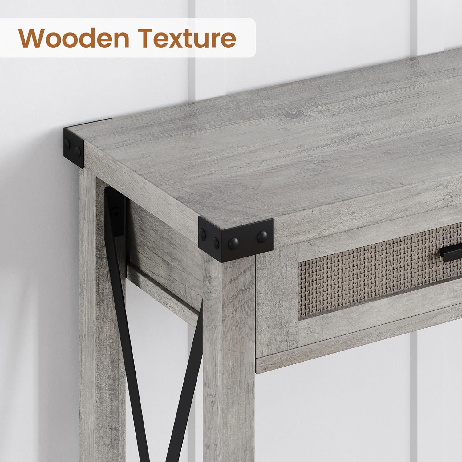 IDEALHOUSE Farmhouse Entryway Table, Grey Console Table with Rattan Drawers, 43" Sofa Table with Storage, Console Tables for Entryway, Living Room, Hallway, Foyer-Grey