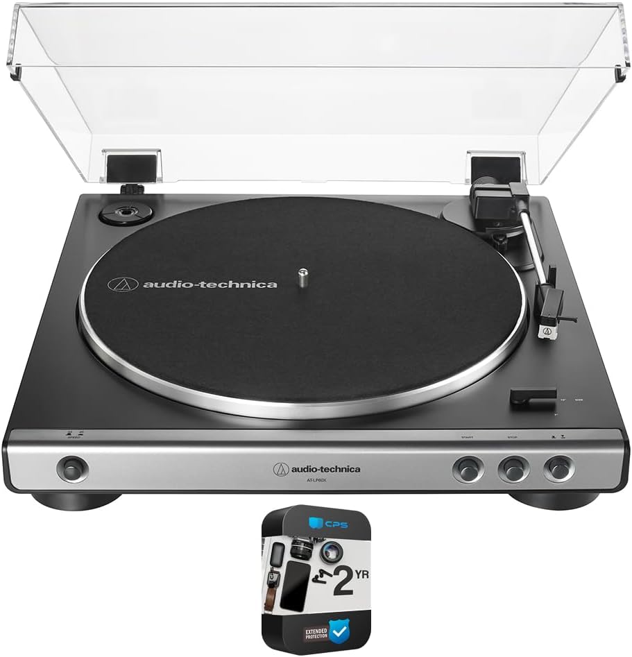 Audio-Technica AT-LP60X-GM Fully Automatic Belt-Drive Turntable 33-1/3 & 45 RPM -Gunmetal/Black Bundle with 1 Year Extended Protection Pack