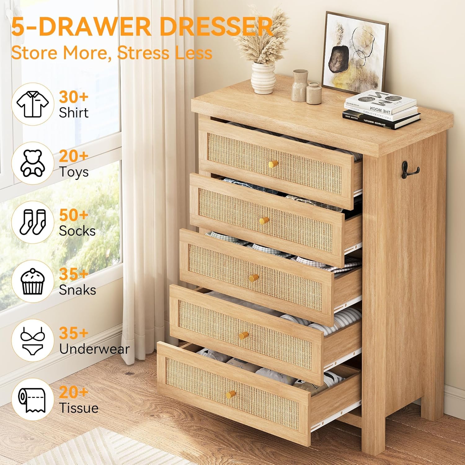 Natural Rattan Dresser for Bedroom with 5 Drawers, Wood Boho Chest of Drawers with Gold Metal Handle, Matte Top Bedroom Tall Dresser with Large Drawers for Living Room, Closet, Hallway, (Nartual)