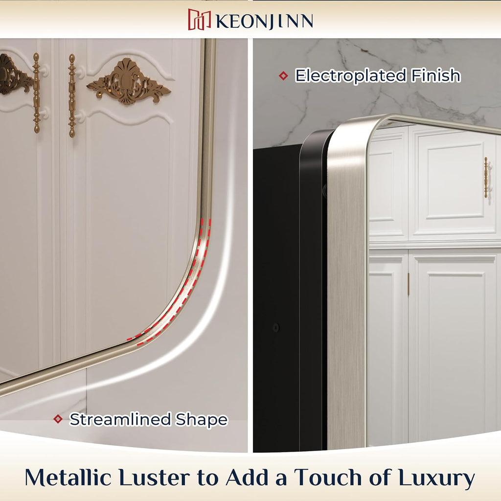 Keonjinn Brushed Nickel Medicine Cabinet for Bathroom, 16 x 24 Inch Medicine Cabinet with Mirror, Stainless Steel Framed, Stepless Adjustable Shelves, Recessed or Wall Mount, Sturdy, Rounded Rectangle