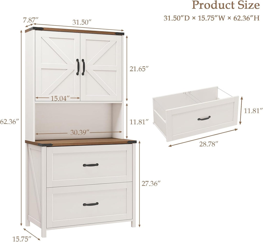 Halitaa Farmhouse 2 Drawer Lateral File Cabinet, Hanging File Storage for Legal/Letter/A4 Size, Adjustable Shelves, Printer Stand with Bookshelf, Rustic White Wood Cabinet for Home Office