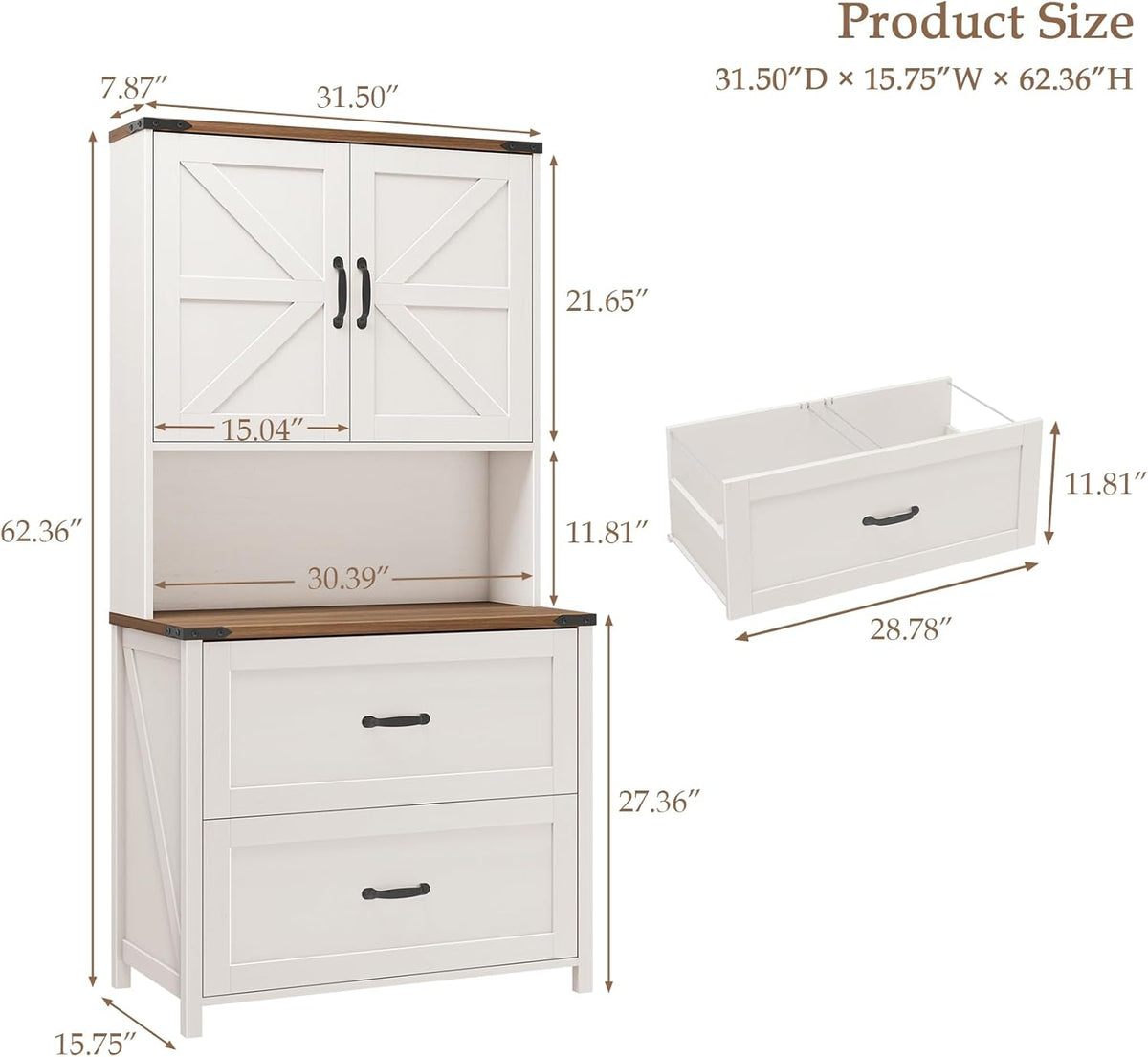 Halitaa Farmhouse 2 Drawer Lateral File Cabinet, Hanging File Storage for Legal/Letter/A4 Size, Adjustable Shelves, Printer Stand with Bookshelf, Rustic White Wood Cabinet for Home Office
