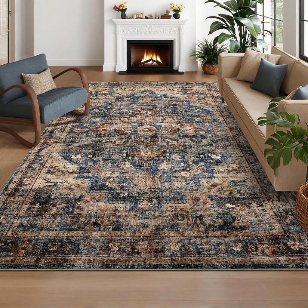 GarveeHome 8x10 Washable Vintage Living Room Area Rug: Vintage Machine Washable Area Rug for Living Room Indoor Large Non-Slip Bedroom Carpet Low Pile Stain Resistant Dining Room Carpet Blue&Brown
