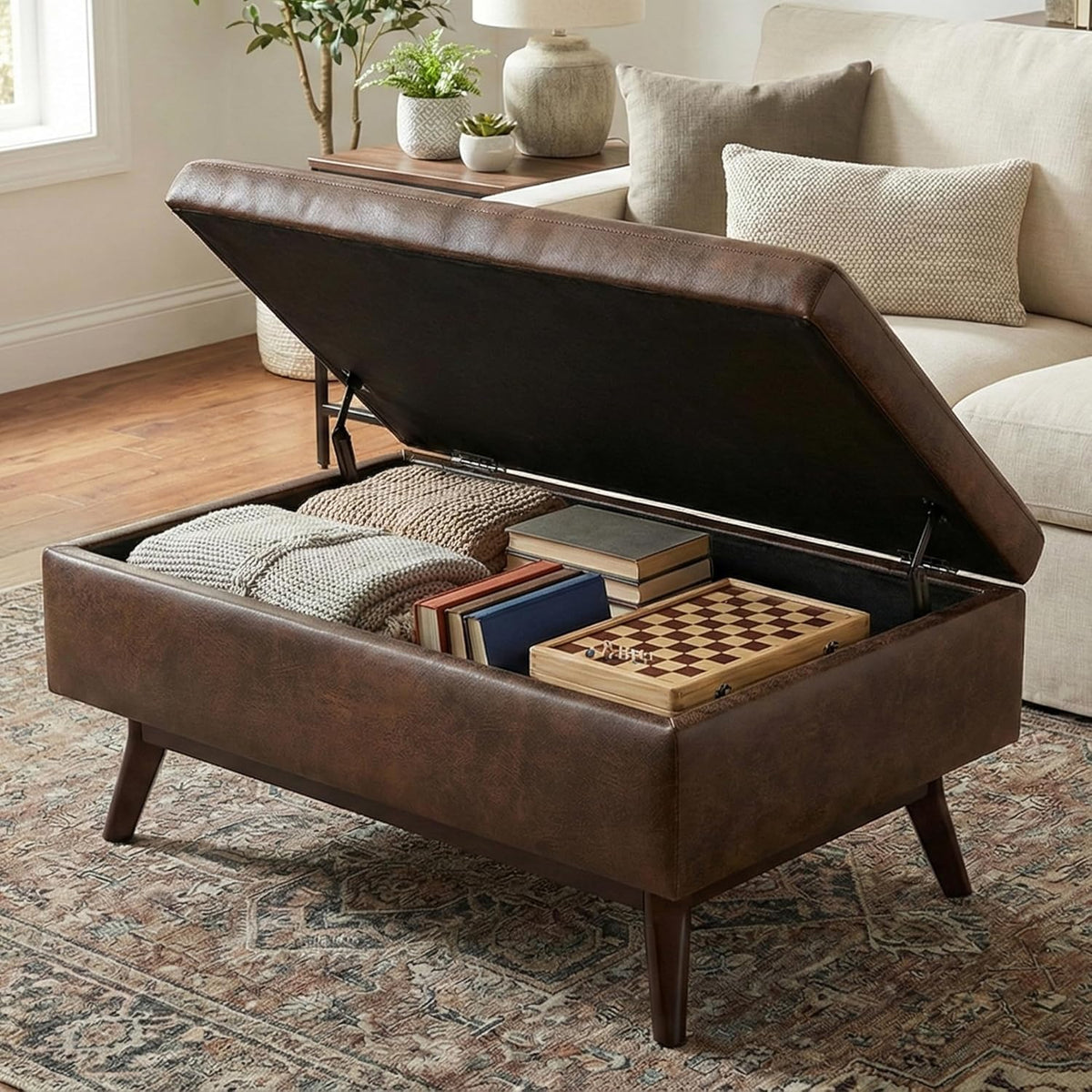 SIMPLIHOME Owen Coffee Table Storage Ottoman - 34" Wide x 19" High Upholstered Vegan Leather Rectangular Lift-Top Ottoman in Distressed Chestnut Brown, Mid-Century Modern Bench with Tapered Legs