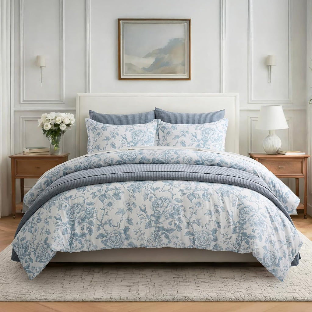 EverGrace 100% Cotton Sateen Duvet Cover Set Queen Size, 3 Piece Floral Toile Bedding Set, Pre-Washed Soft & Breathable, Button Closure with 2 Pillow Shams, Blue Linen, 90"x92"