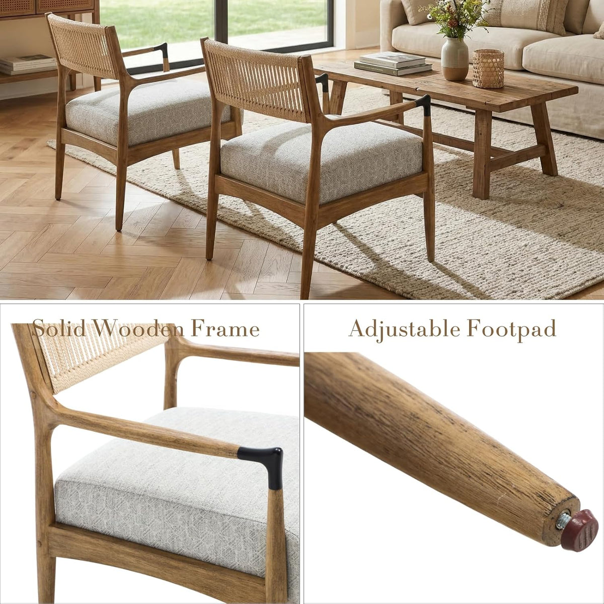 Ya-Home Mid-Century Modern Accent Chairs with Woven Rope Back, Upholstered Linen Fabric Armchairs with Solid Wood Frame for Living Room Bedroom, 2PCS, Patterned