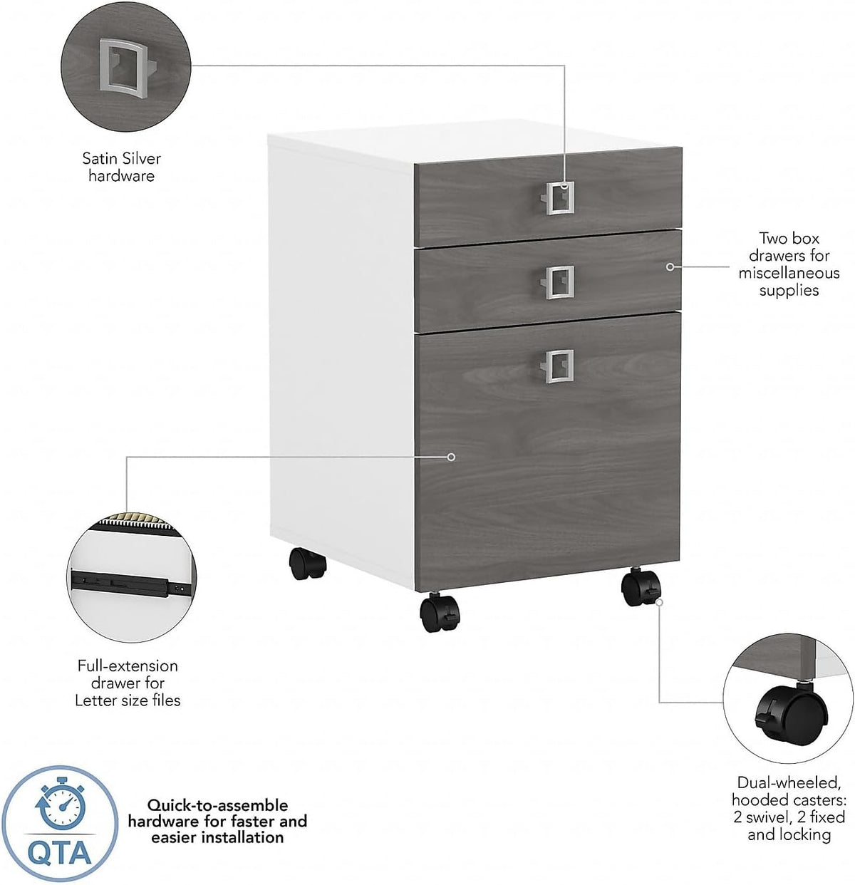 Bush Business Furniture Echo 3 Drawer Mobile File Cabinet in Pure White and Modern Gray