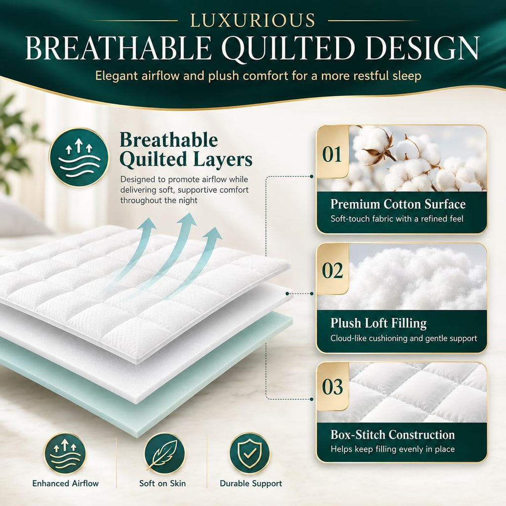 Premium Quilted 1000GSM Luxury Extra Thick Mattress Topper - Breathable & Fluffy Soft, with 8-21 inch Deep Pocket, Plush Pillow Top Mattress Topper Overfilled (White, Queen)