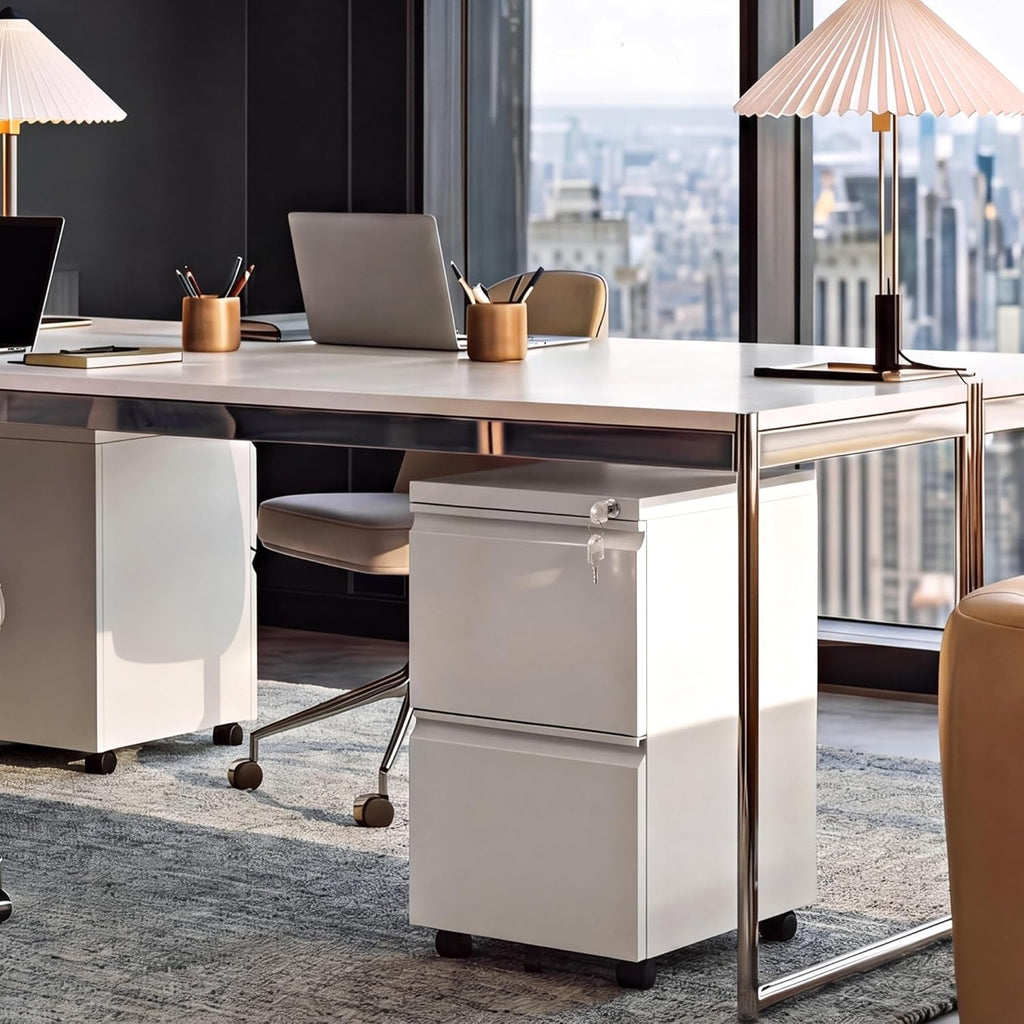 DEVAISE 2 Drawer Mobile File Cabinet with Lock, Commercial Vertical Metal Filing Cabinet for Home Office, Fully Assembled Except Casters, White