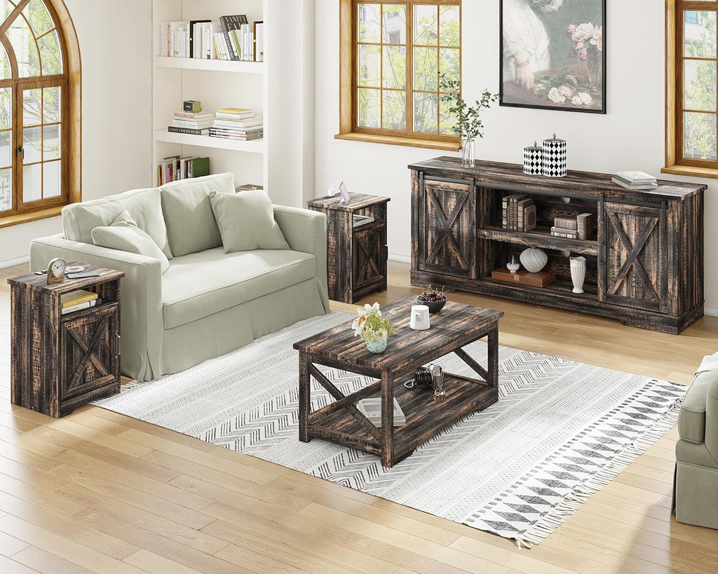 AMERLIFE 4-Piece Farmhouse Table Set Includes Sliding Barn Door TV Stand, Coffee Table& Two End Tables, Side Table with Charging Station and USB Ports, for Living Room, Dark Oak, 66"