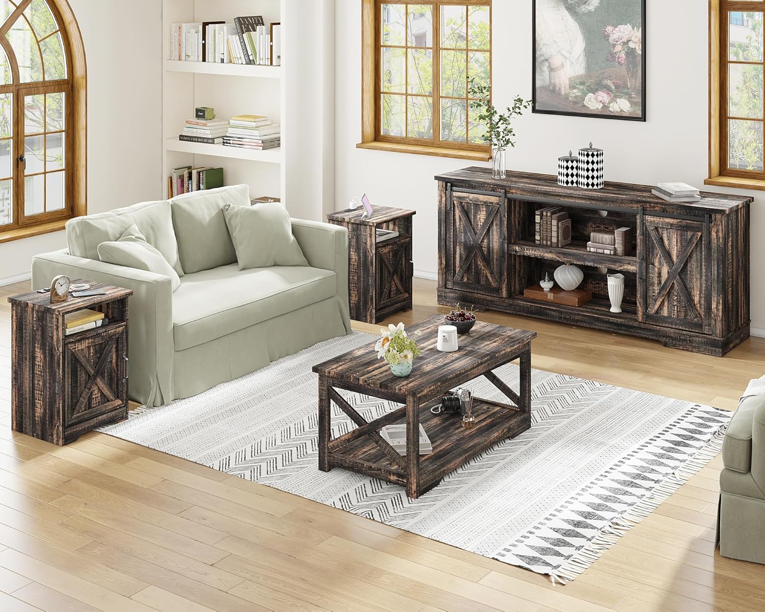 AMERLIFE 4-Piece Farmhouse Table Set Includes Sliding Barn Door TV Stand, Coffee Table& Two End Tables, Side Table with Charging Station and USB Ports, for Living Room, Dark Oak, 66"