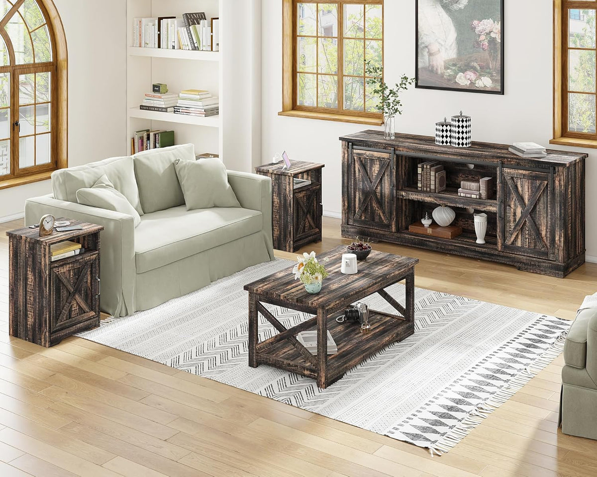 AMERLIFE 4-Piece Farmhouse Table Set Includes Sliding Barn Door TV Stand, Coffee Table& Two End Tables, Side Table with Charging Station and USB Ports, for Living Room, Dark Oak, 66"
