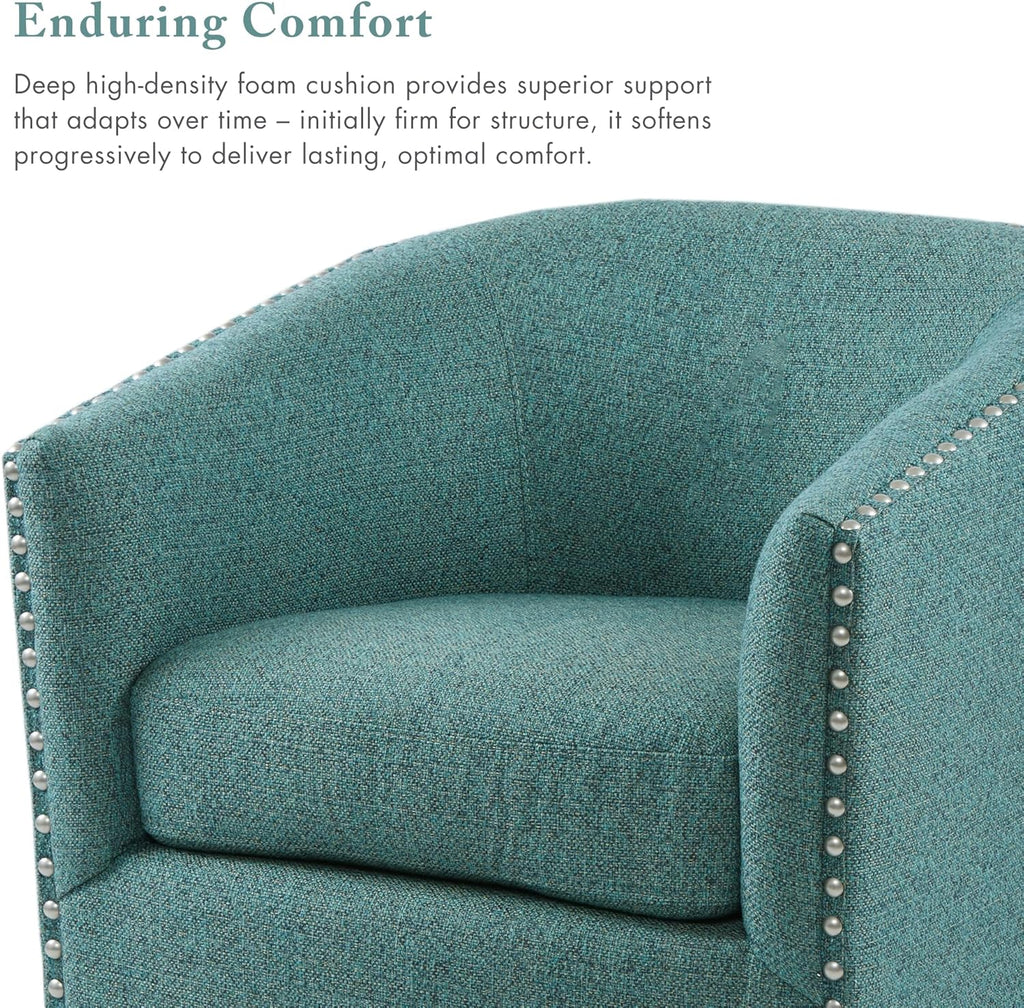 Madison Park Swivel Barrel Accent Chair, Upholstered Curved Back with 7-Inch Thick Woven Cushion, 360° Swivel, Nailhead Trim, Comfy Chair for Living Room, Bedroom, Office, 28" Wide, Teal, Tyler