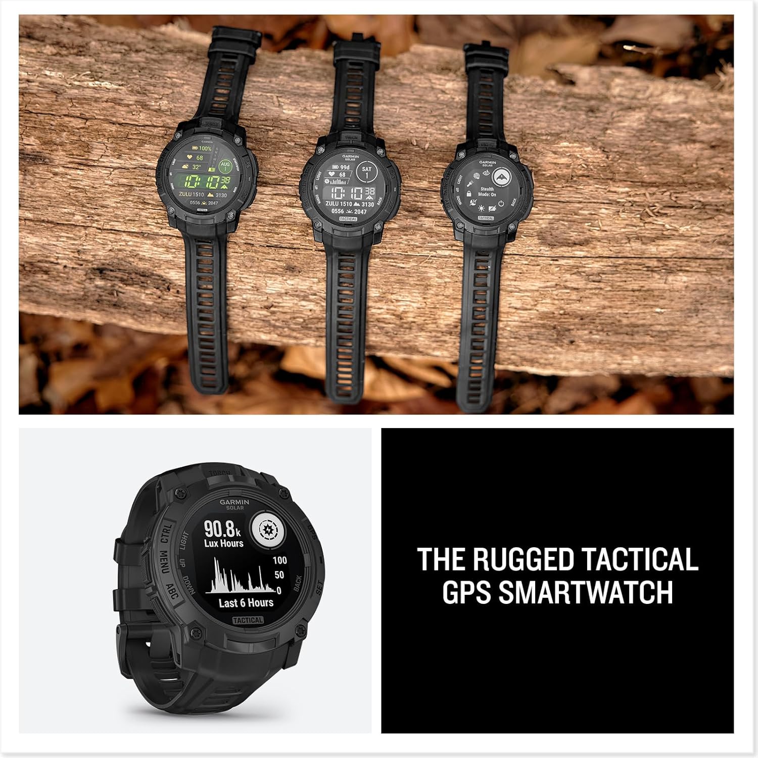 Garmin Instinct 3 Tactical Edition, Solar Charged 50mm Display, Outdoor Rugged GPS Smartwatch Bundle with USB Wall Charger + Microfiber Cleaning Cloth
