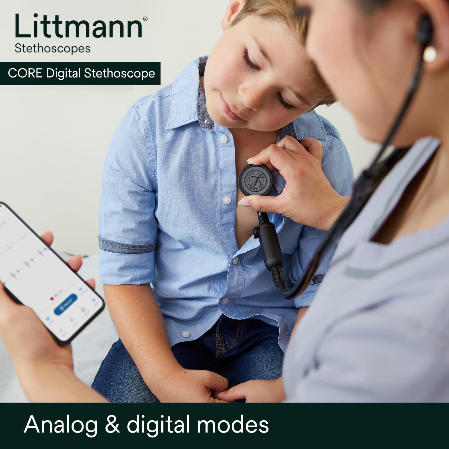 3M Littmann CORE Digital Stethoscope, Our Most Advanced Stethoscope Yet, Up To 40x Amplification, Active Noise Cancellation, In-App Sound Wave Visualization, Black-Finish Chestpiece, 8480