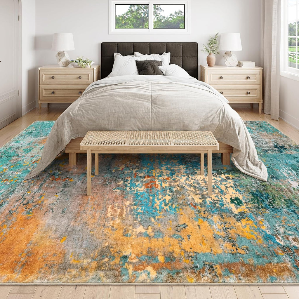 Lahome Modern Abstract Area Rugs 9x12 Living Room Rug, Washable Rugs for Living Room Bedroom Low Pile Non Slip, Colorful Large Soft Indoor Carpet for Dining Room Table Apartment Classroom