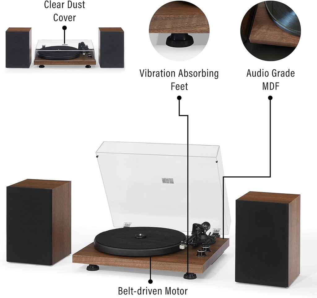 Crosley C62 Bluetooth Vinyl Record Player 120W Speakers, 2-Speed Belt-Drive Turntable, Anti-Skate, Walnut