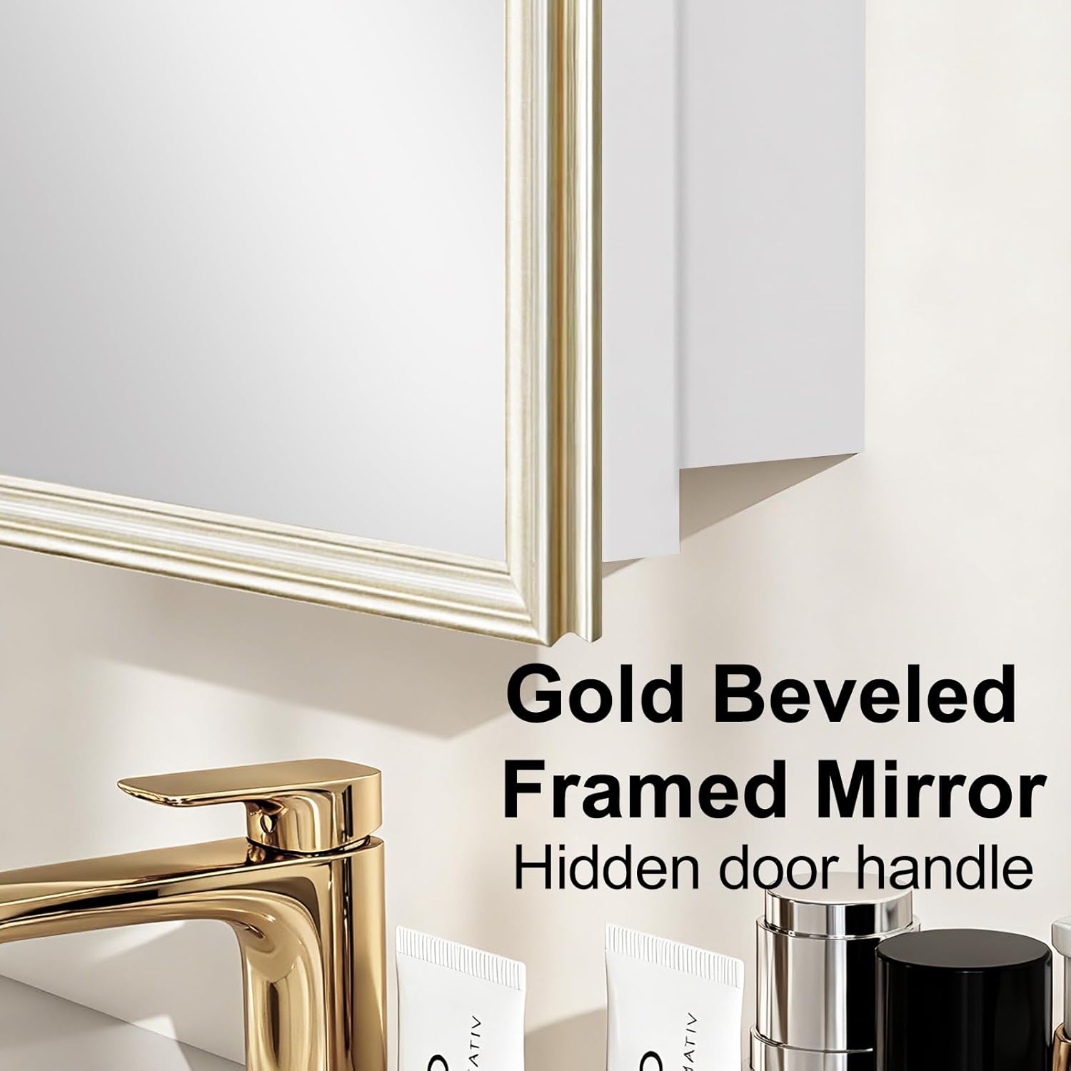 Fundin 16 x 26 White Metal Mirror Cabinet for Bathroom, Gold Beveled Frame Mirror, Recessed or Surface Mount Medicine Cabinet with Adjustable Shelves and Piano Hinge