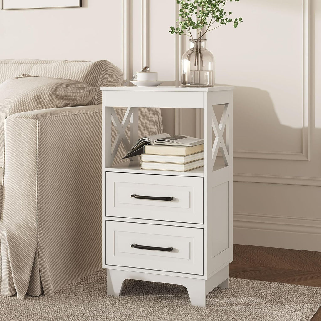 Tall Nightstand Set of 2 Side Table with 2 Drawers Modern Night Stand Wooden End Table Bedside Table with Upper Open Shelf Solid Feet for Bedroom, White