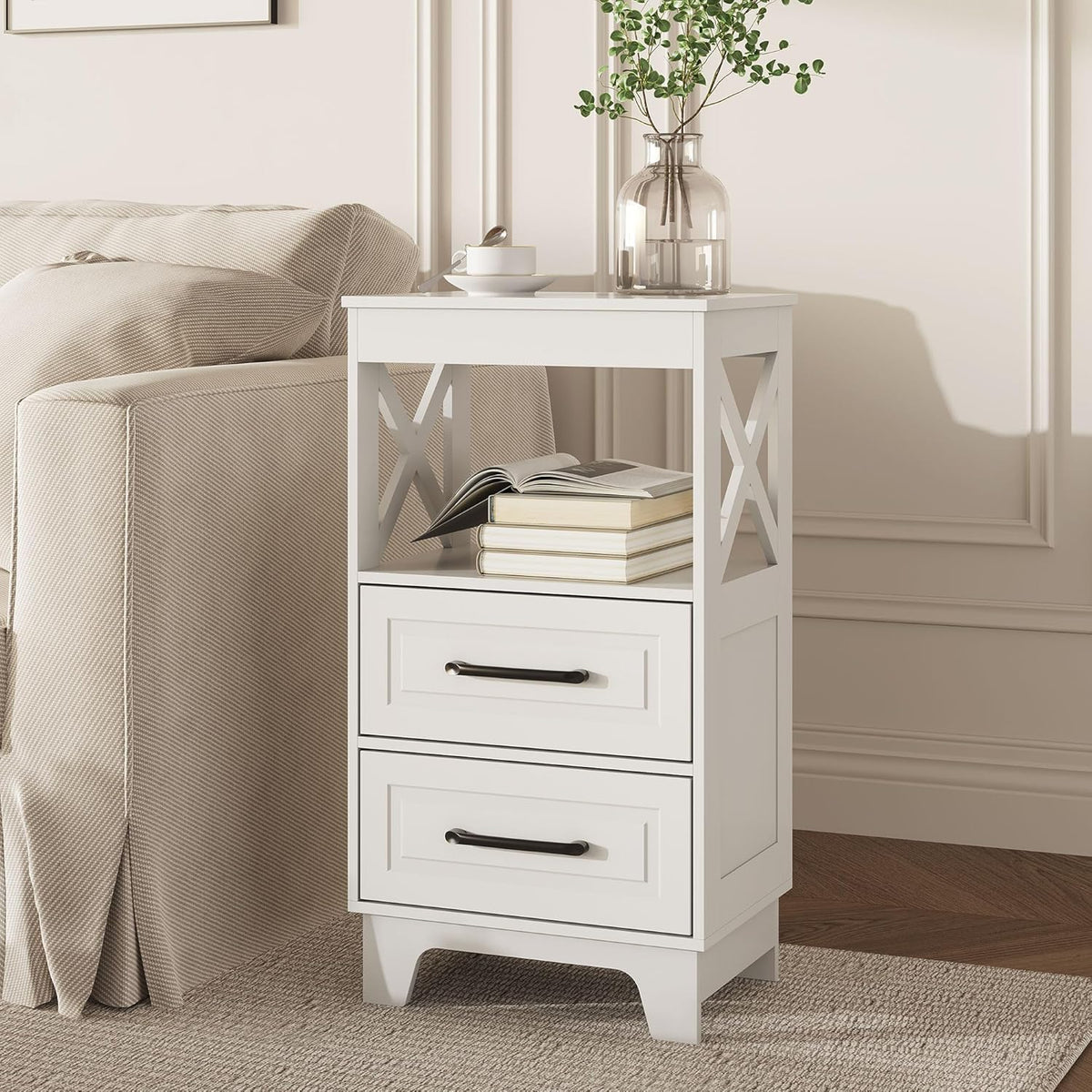 Tall Nightstand Set of 2 Side Table with 2 Drawers Modern Night Stand Wooden End Table Bedside Table with Upper Open Shelf Solid Feet for Bedroom, White