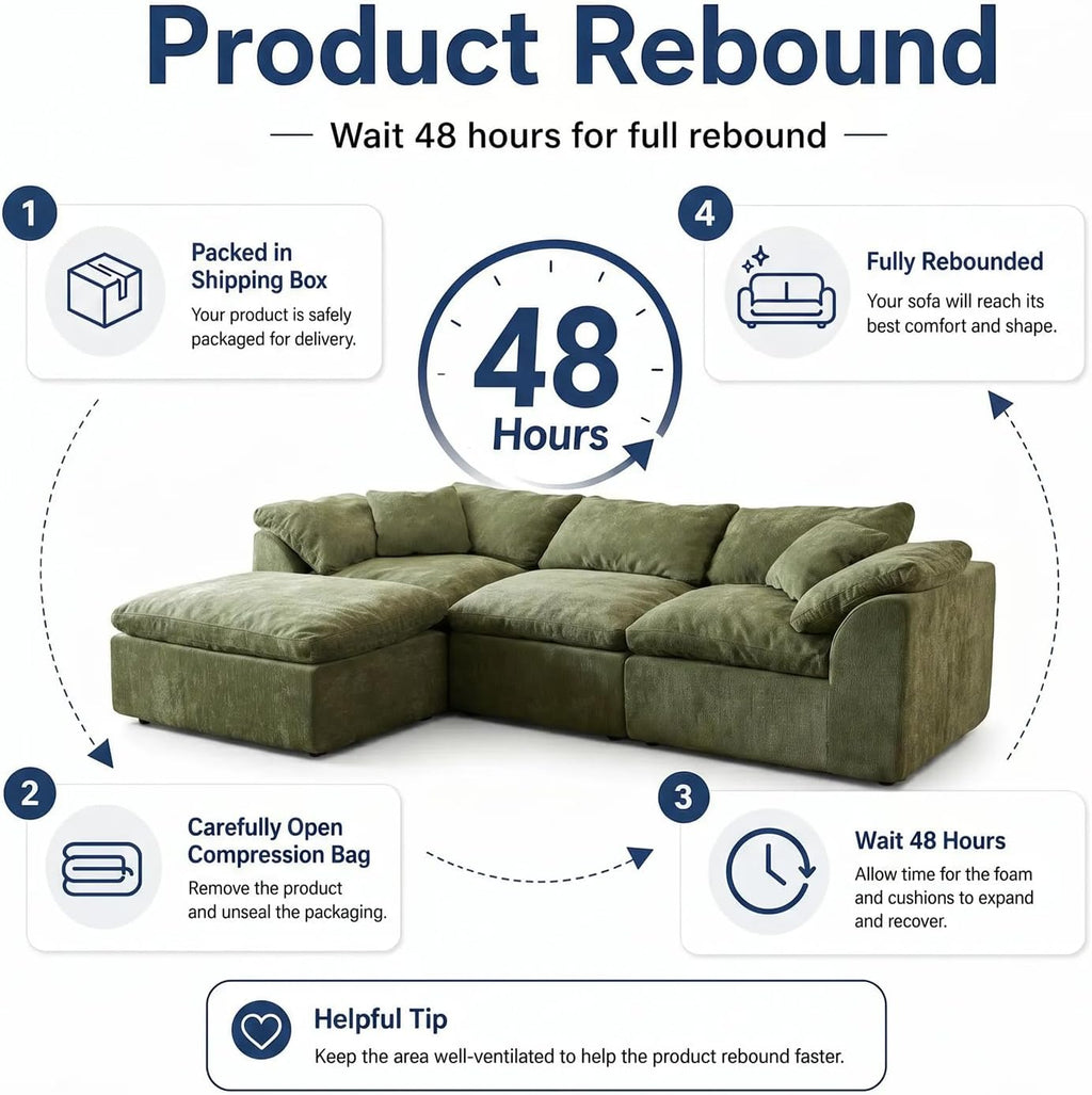 Oversized Cloud Couch Sectional Sofa for Living Room, Modular L Shaped Boneless Chenille Sofa with Chaise Lounge, Deep Seat Convertible Couch, Compressed No Assembly Floor Sofa(Green)