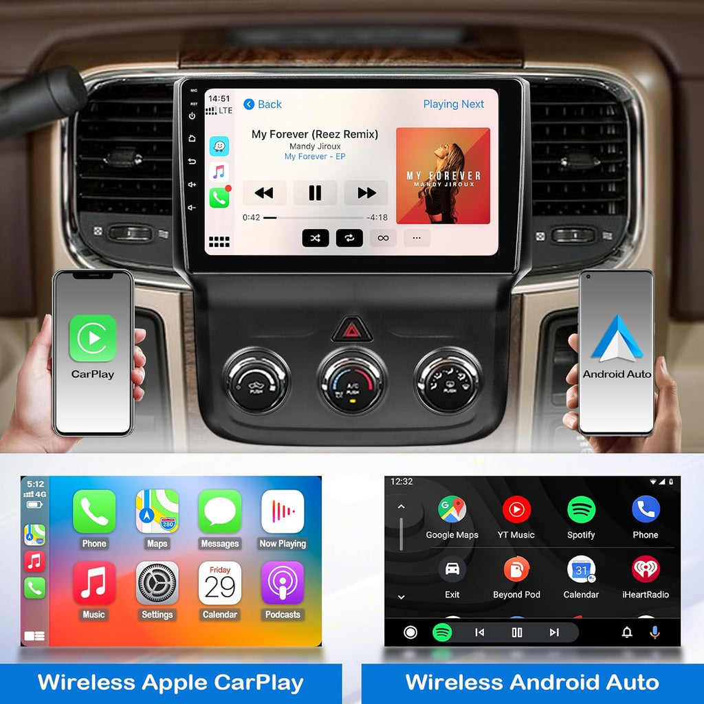 Car Stereo for Dodge RAM 1500 2500 3500 2013 2014 2015 2016 2017 2018 with Wireless CarPlay and Android Auto,9'' Android 13 Touch Screen Radio Replacement,2G Ram 32G ROM(Only fit Manual AC)