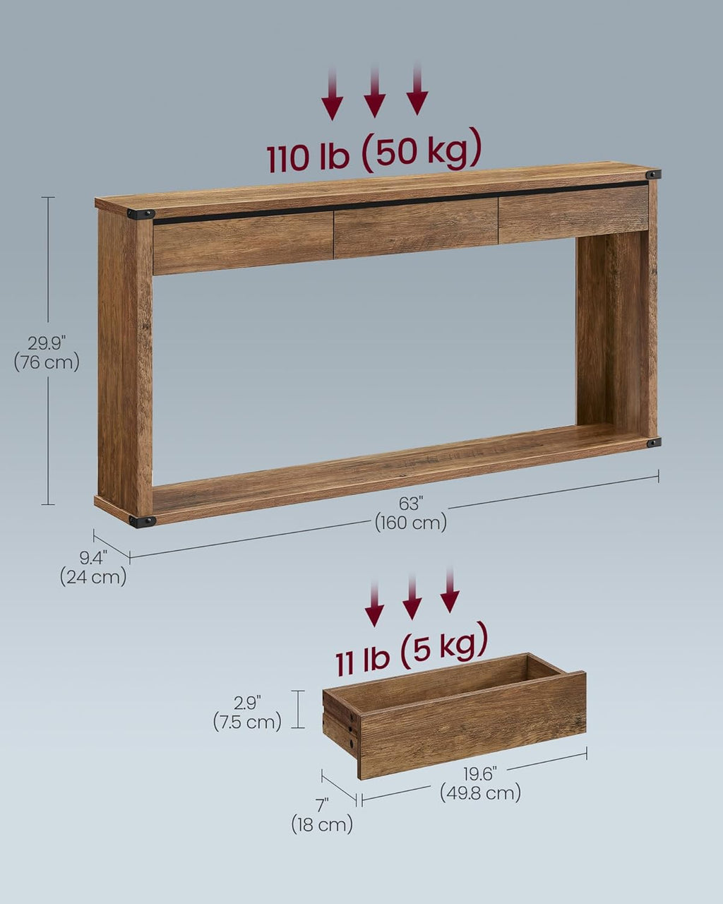 VASAGLE Sofa Console Table, 63 Inches Narrow Entryway Table with 3 Drawers, Bottom Shelf, Metal Corners, for Living Room, Bedroom, Farmhouse Style, Honey Brown ULNT146KB01S