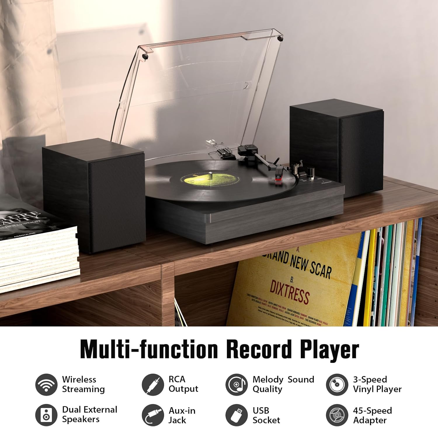 Vinyl Record Player with Two Stereo Speakers, Bluetooth Playback Turntable with 3 Speed AUX Headphone Input and RCA Out, Retro Black