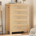 Natural Rattan Dresser for Bedroom with 5 Drawers, Wood Boho Chest of Drawers with Gold Metal Handle, Matte Top Bedroom Tall Dresser with Large Drawers for Living Room, Closet, Hallway, (Nartual)