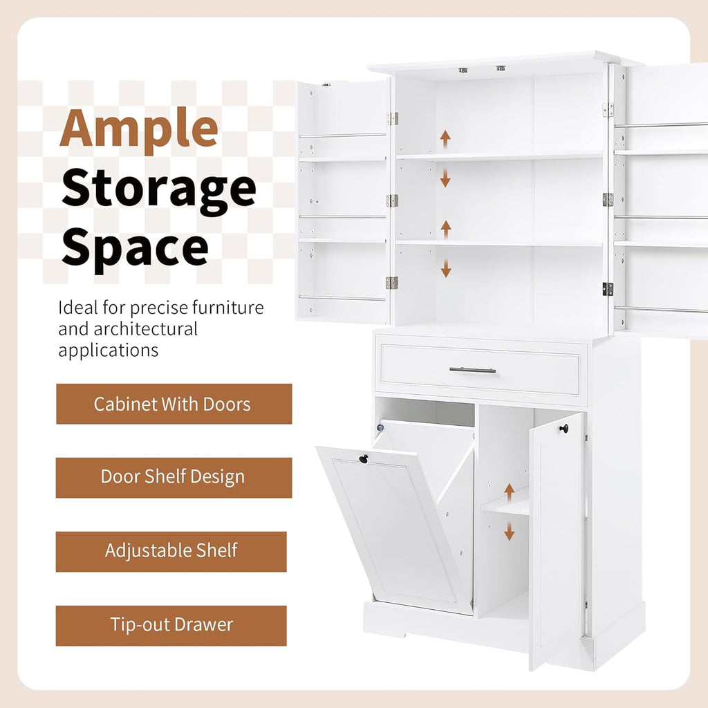 Tall Storage Cabinet Pantry Cupboard with Laundry Hamper and Door Rack Organizer for Bathroom, Kitchen or Enterway, Adjusatble Shelf, White